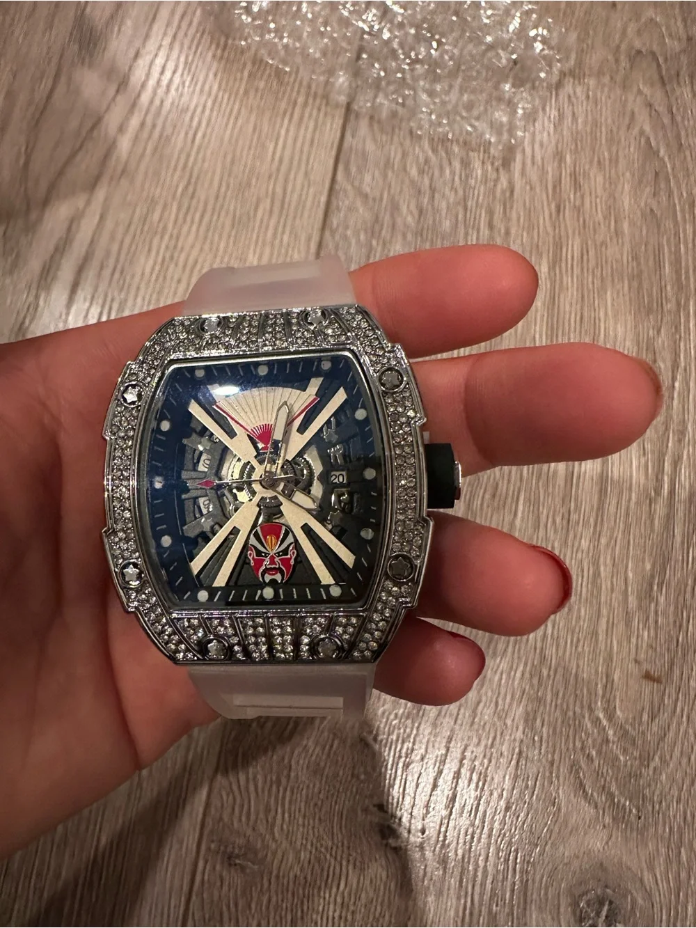 Crystal-Accent Skeleton Dial Men's Watch - White Strap